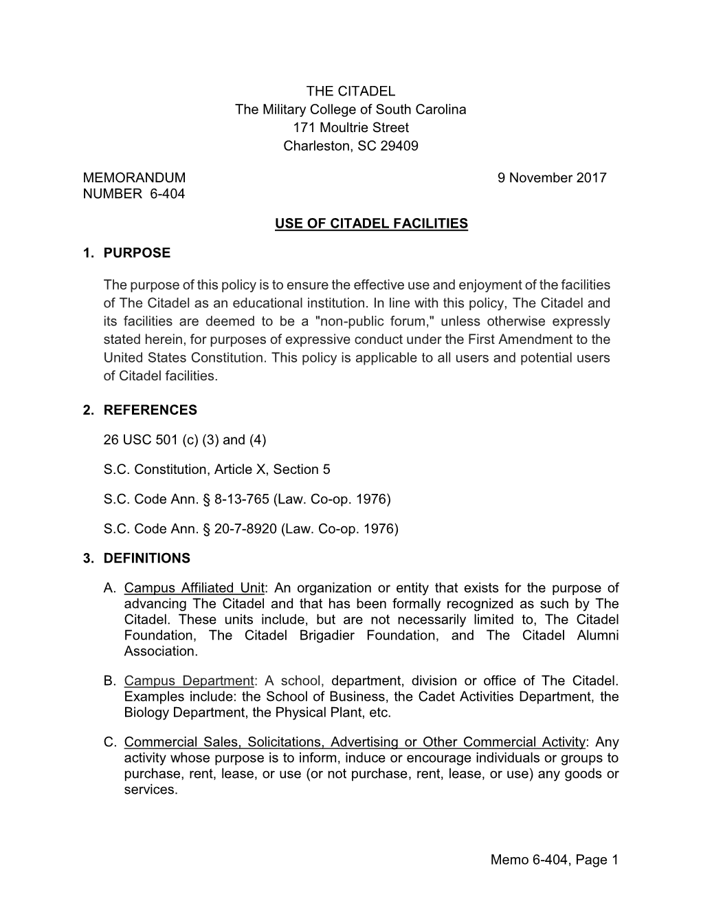 Use of Citadel Facilities Memo 6-404