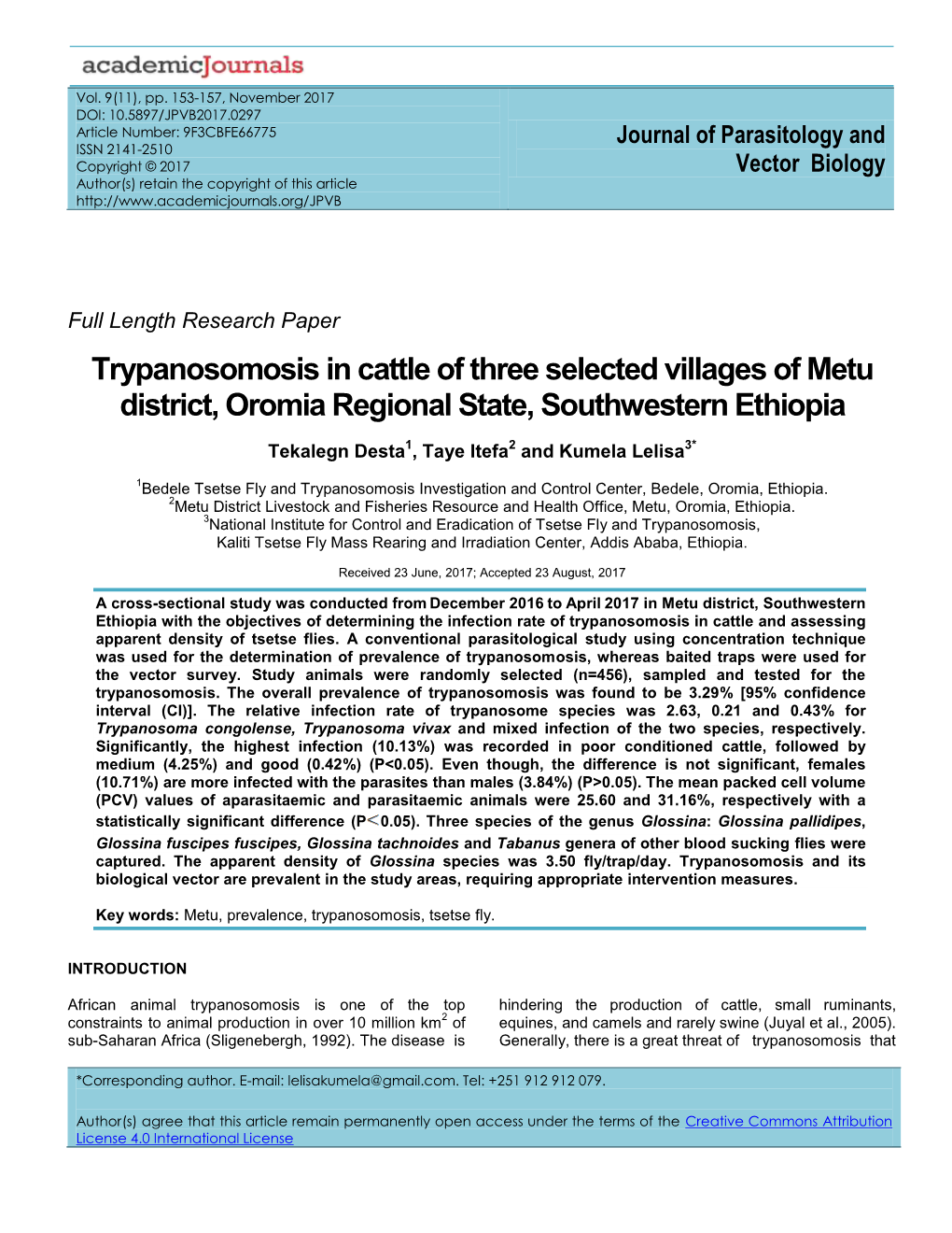 Trypanosomosis in Cattle of Three Selected Villages of Metu District, Oromia Regional State, Southwestern Ethiopia