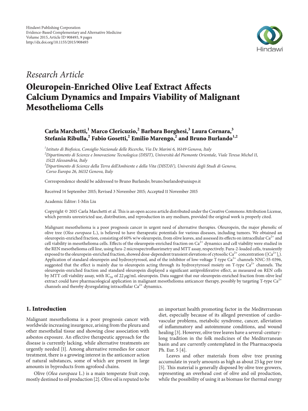 Oleuropein-Enriched Olive Leaf Extract Affects Calcium Dynamics and Impairs Viability of Malignant Mesothelioma Cells