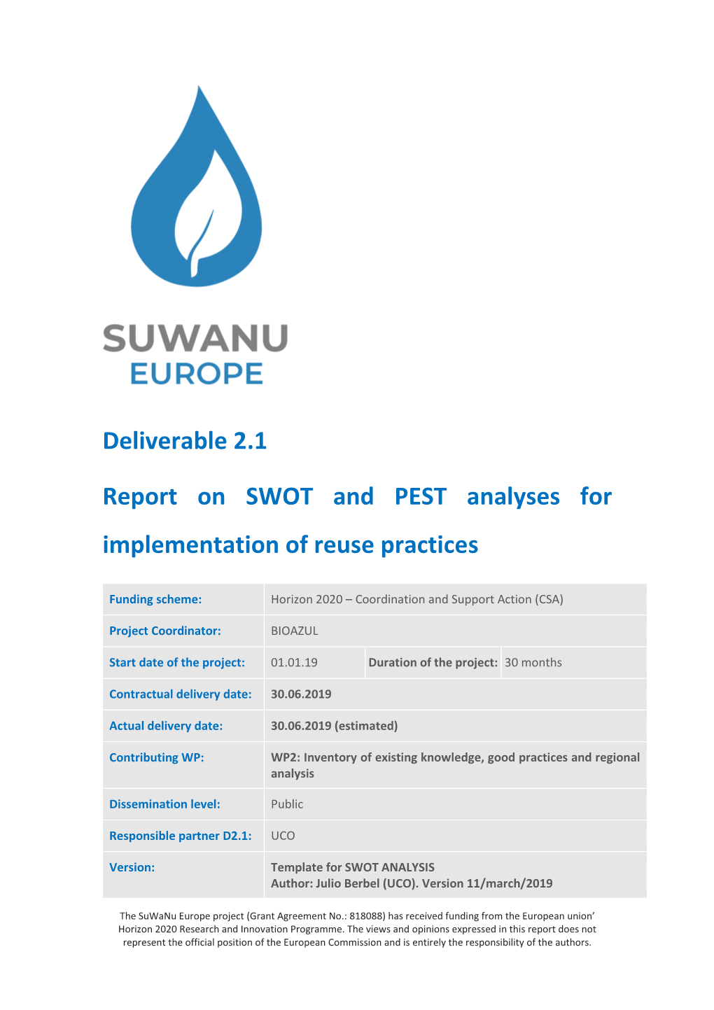 Deliverable 2.1 Report on SWOT and PEST Analyses for Implementation