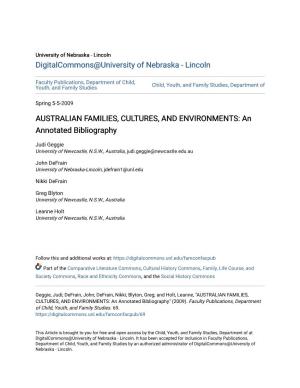 AUSTRALIAN FAMILIES, CULTURES, and ENVIRONMENTS: an Annotated Bibliography