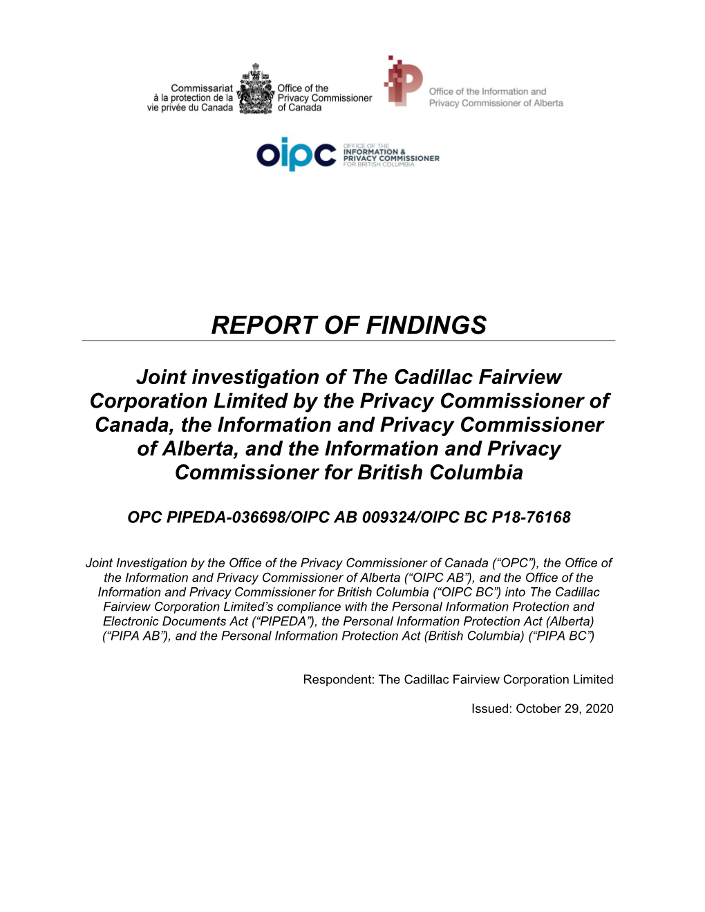 Report of Findings: Joint Investigation of the Cadillac Fairview