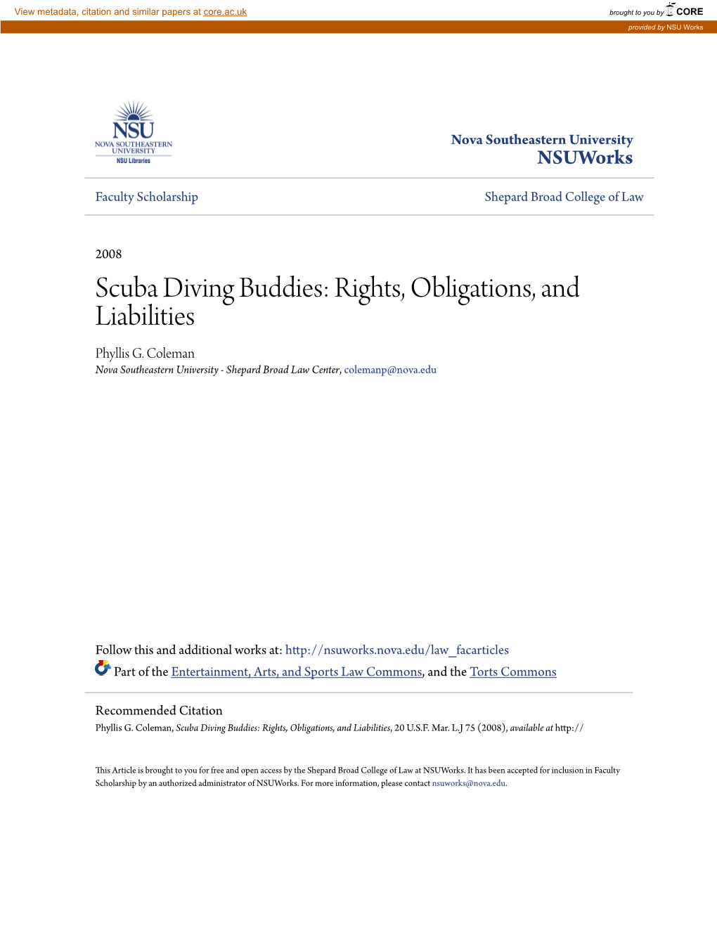 Scuba Diving Buddies: Rights, Obligations, and Liabilities Phyllis G