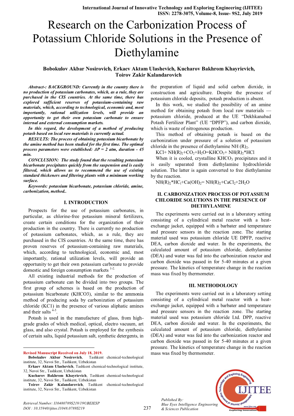 Research on the Carbonization Process of Potassium Chloride Solutions in the Presence of Diethylamine