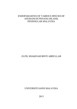 Endoparasites of Various Species of Anurans in Penang Island, Peninsular Malaysia
