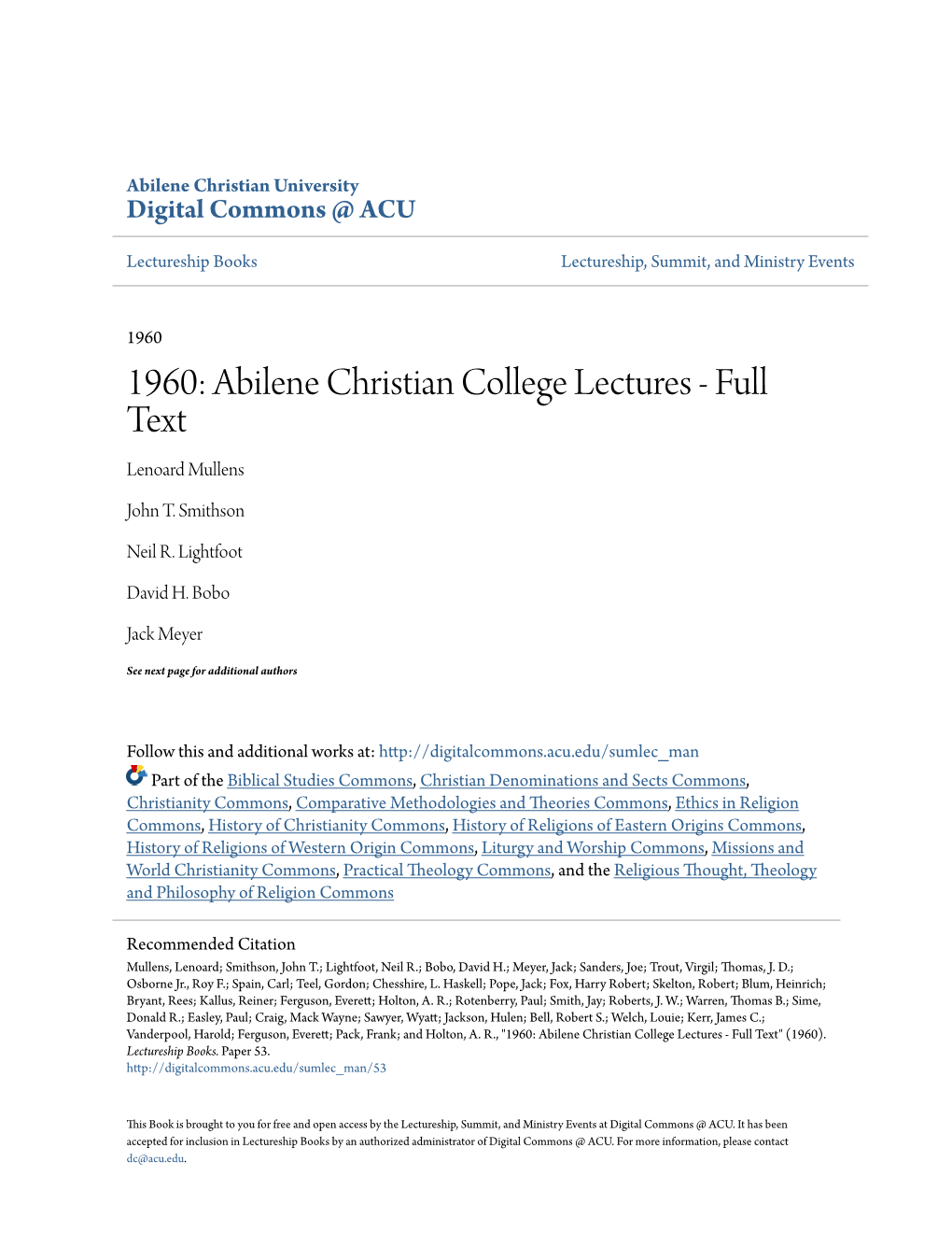 Abilene Christian College Lectures - Full Text Lenoard Mullens