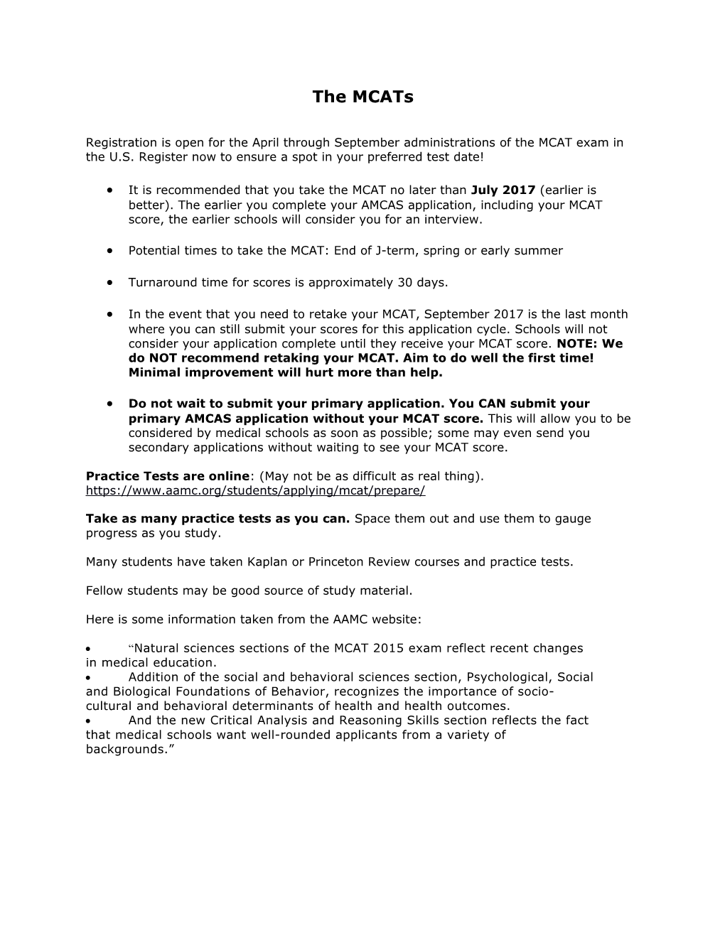 Potential Times to Take the MCAT: End of J-Term, Spring Or Early Summer