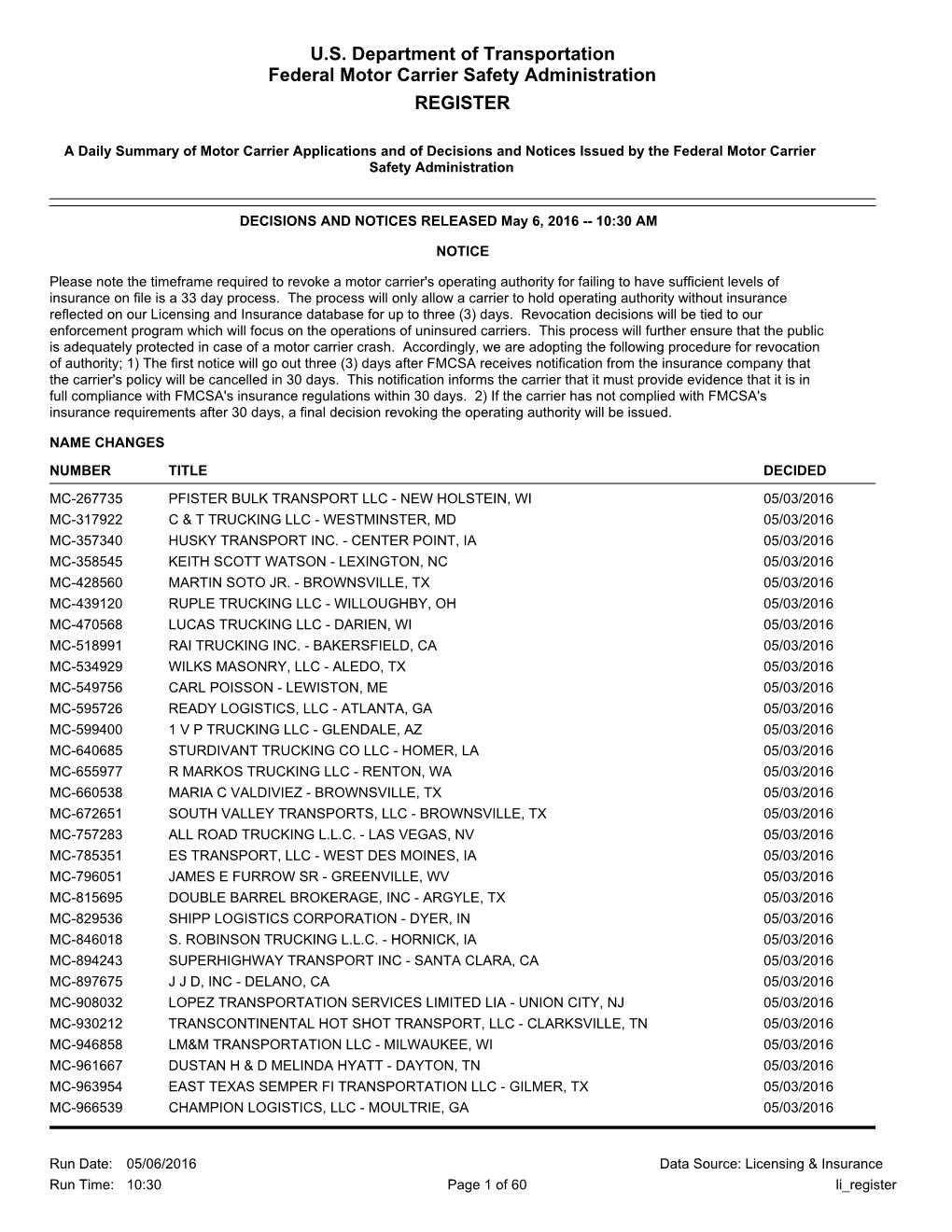 U.S. Department of Transportation Federal Motor Carrier Safety Administration REGISTER