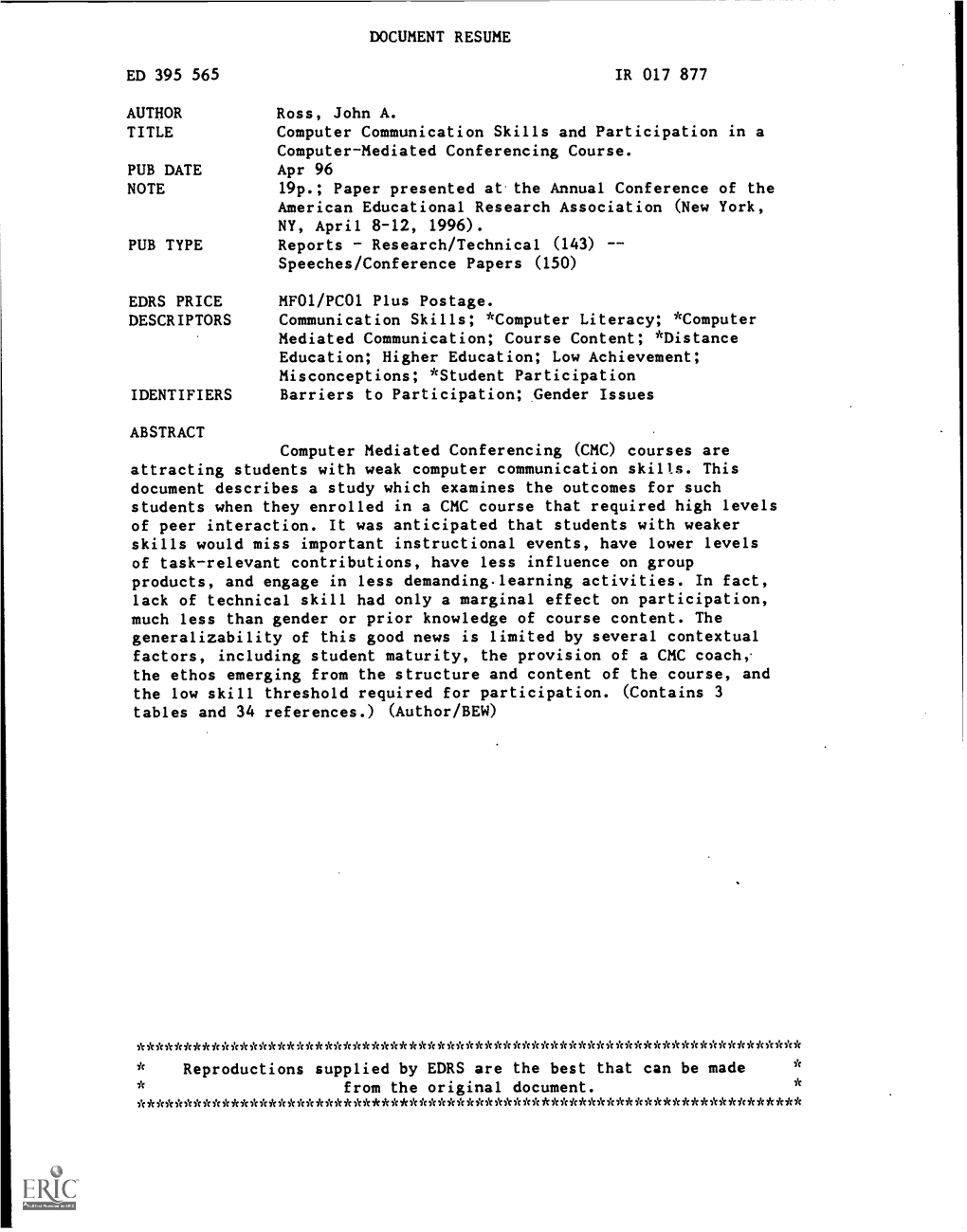 Computer Communication Skills and Participation in a Computer-Mediated Conferencing Course