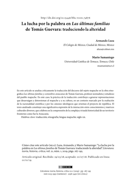 La Lucha Por La Palabra En Las Últimas Familias De Tomás Guevara: Traduciendo La Alteridad