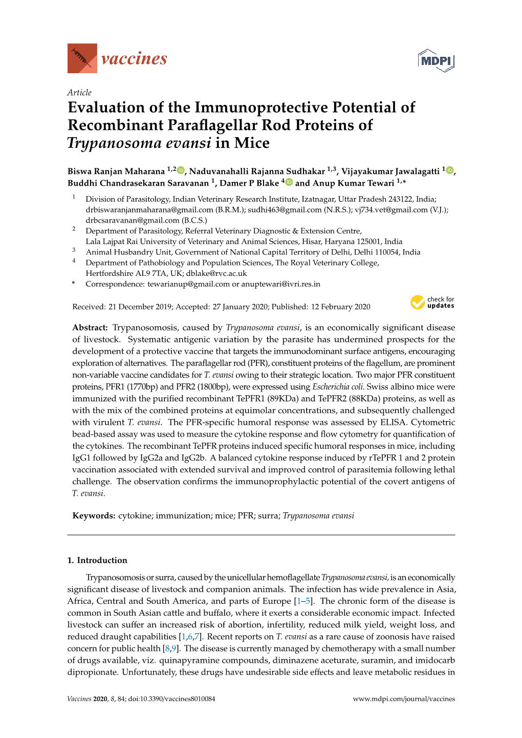 Evaluation of the Immunoprotective Potential of Recombinant Paraﬂagellar Rod Proteins of Trypanosoma Evansi in Mice