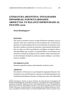 Literatura Argentina: Totalidades Imposibles, Particularidades Absolutas