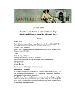 Goethes Und Hofmannsthals Singspiele Und Opern