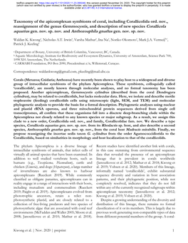 Taxonomy of the Apicomplexan Symbionts of Coral, Including Corallicolida Ord. Nov., Reassignment of the Genus Gemmocystis, and D