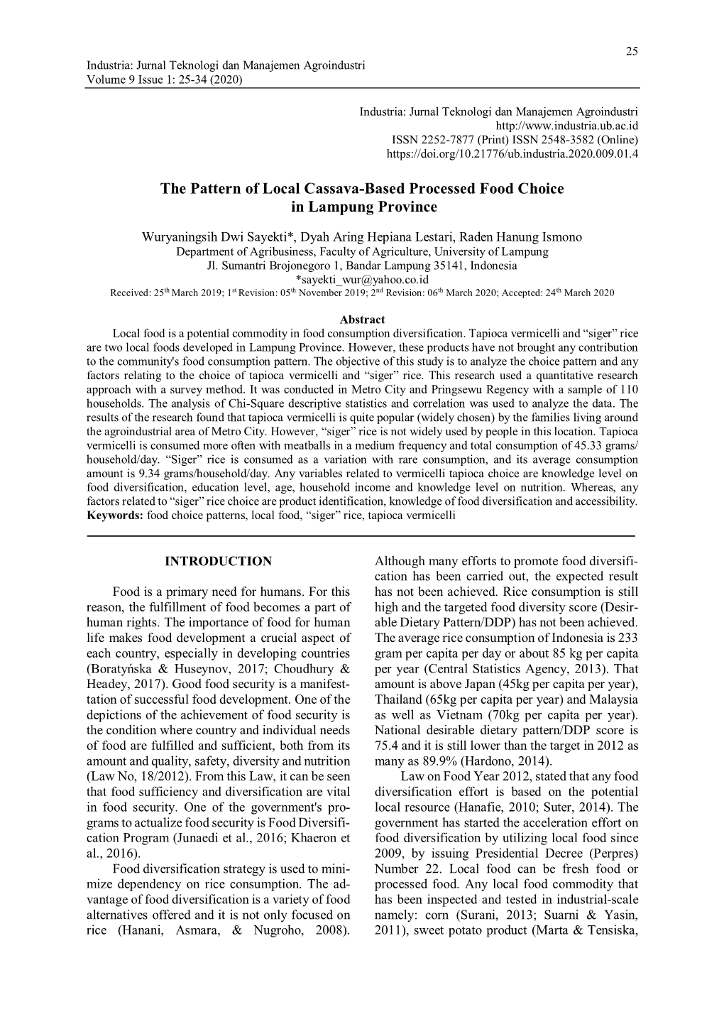 The Pattern of Local Cassava-Based Processed Food Choice in Lampung Province