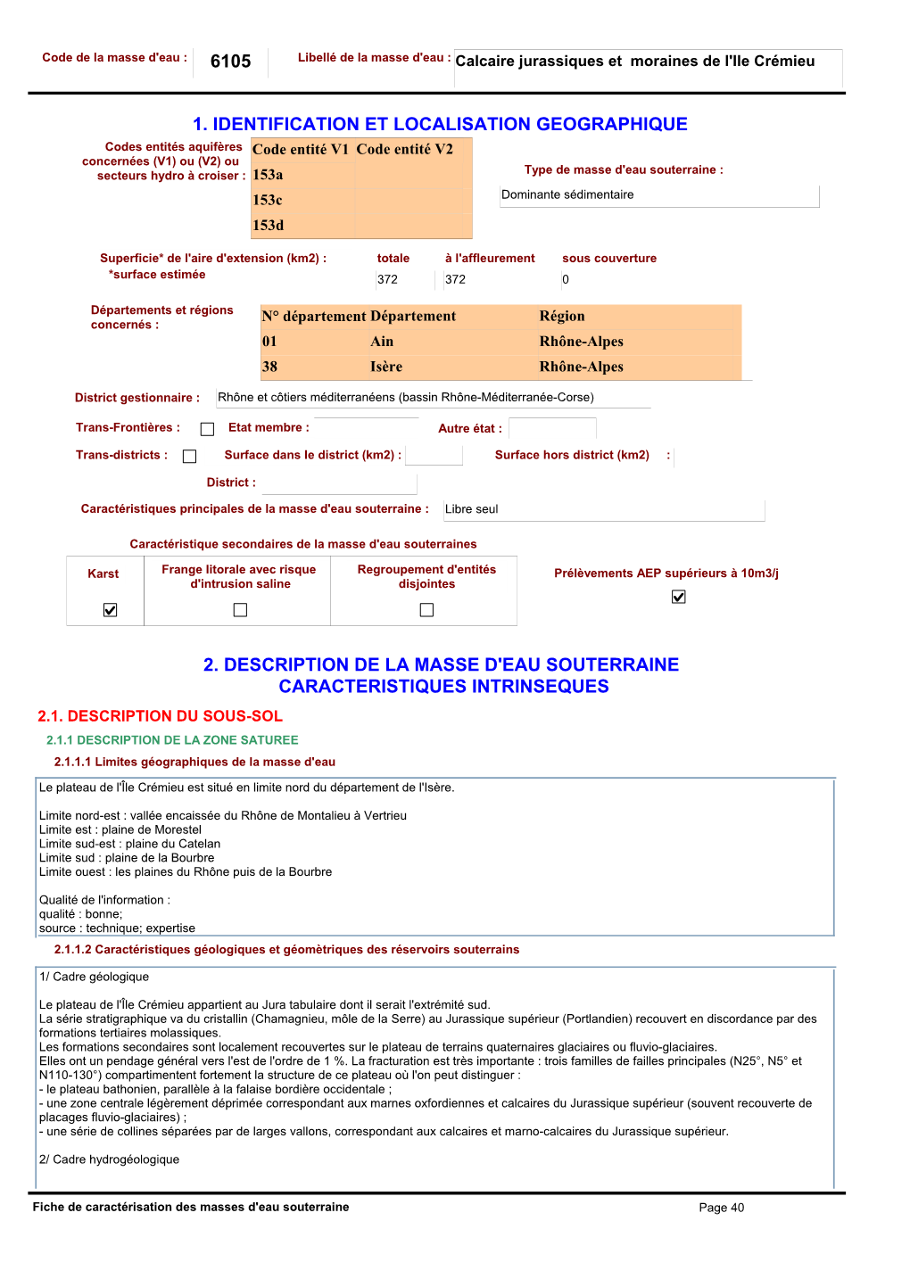 6105 Libellé De La Masse D'eau : Calcaire Jurassiques Et Moraines De L'ile Crémieu