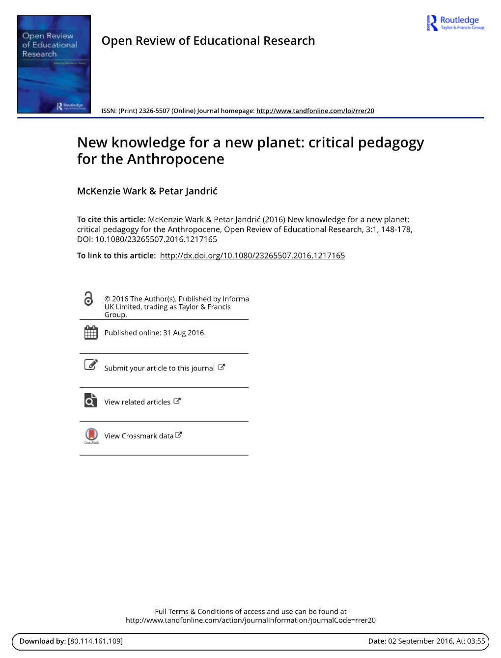 New Knowledge for a New Planet: Critical Pedagogy for the Anthropocene