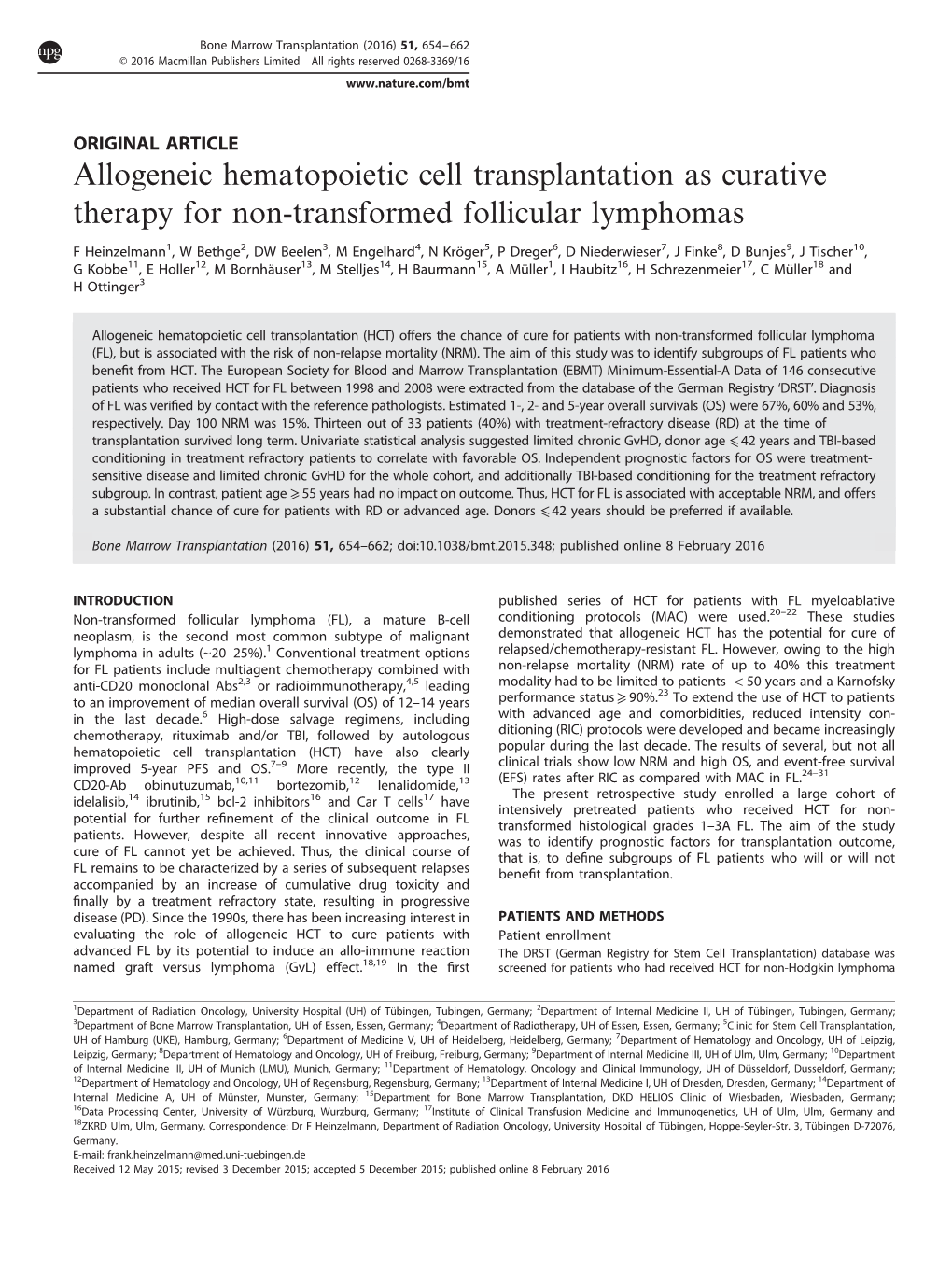 Allogeneic Hematopoietic Cell Transplantation As Curative Therapy for Non-Transformed Follicular Lymphomas