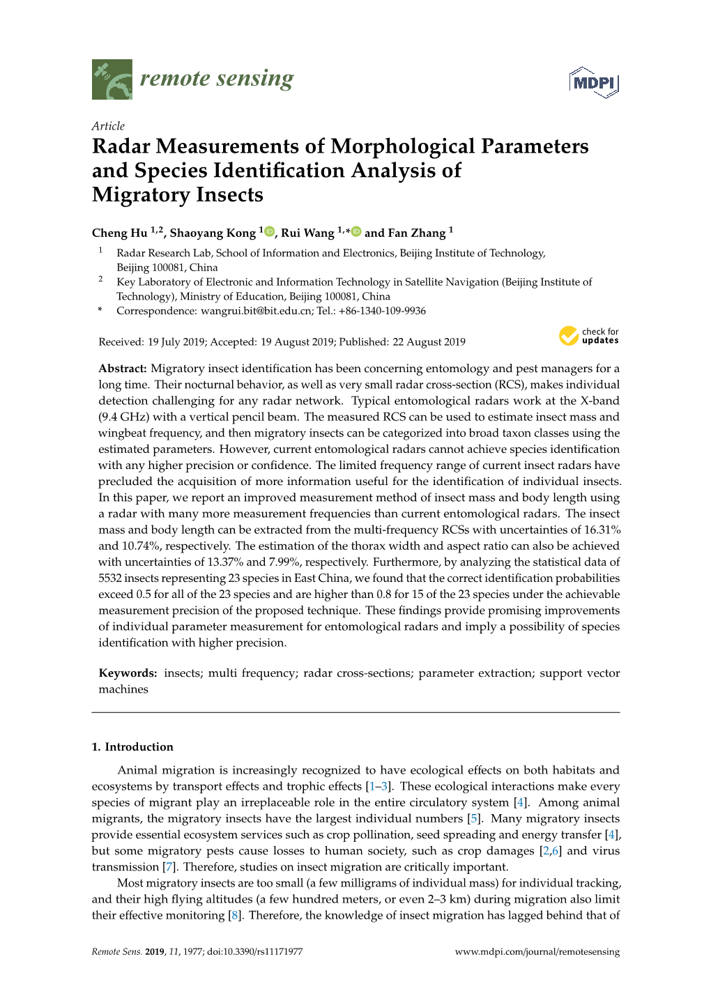 Radar Measurements of Morphological Parameters and Species Identiﬁcation Analysis of Migratory Insects