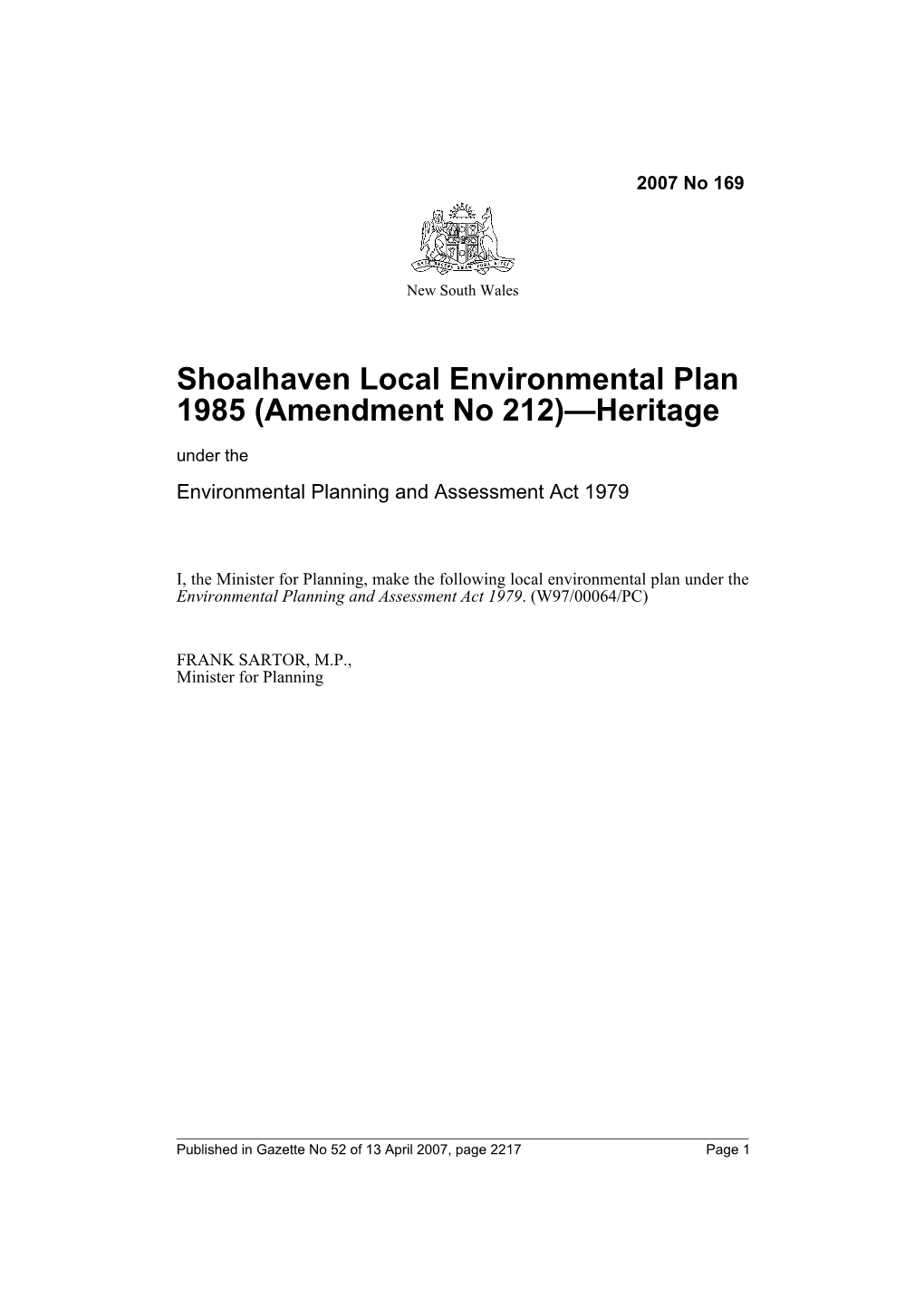 Shoalhaven Local Environmental Plan 1985 (Amendment No 212)—Heritage Under the Environmental Planning and Assessment Act 1979