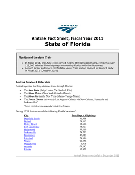 Amtrak Fact Sheet, Fiscal Year 2011