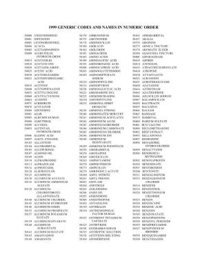1999 Generic Codes and Names in Numeric Order