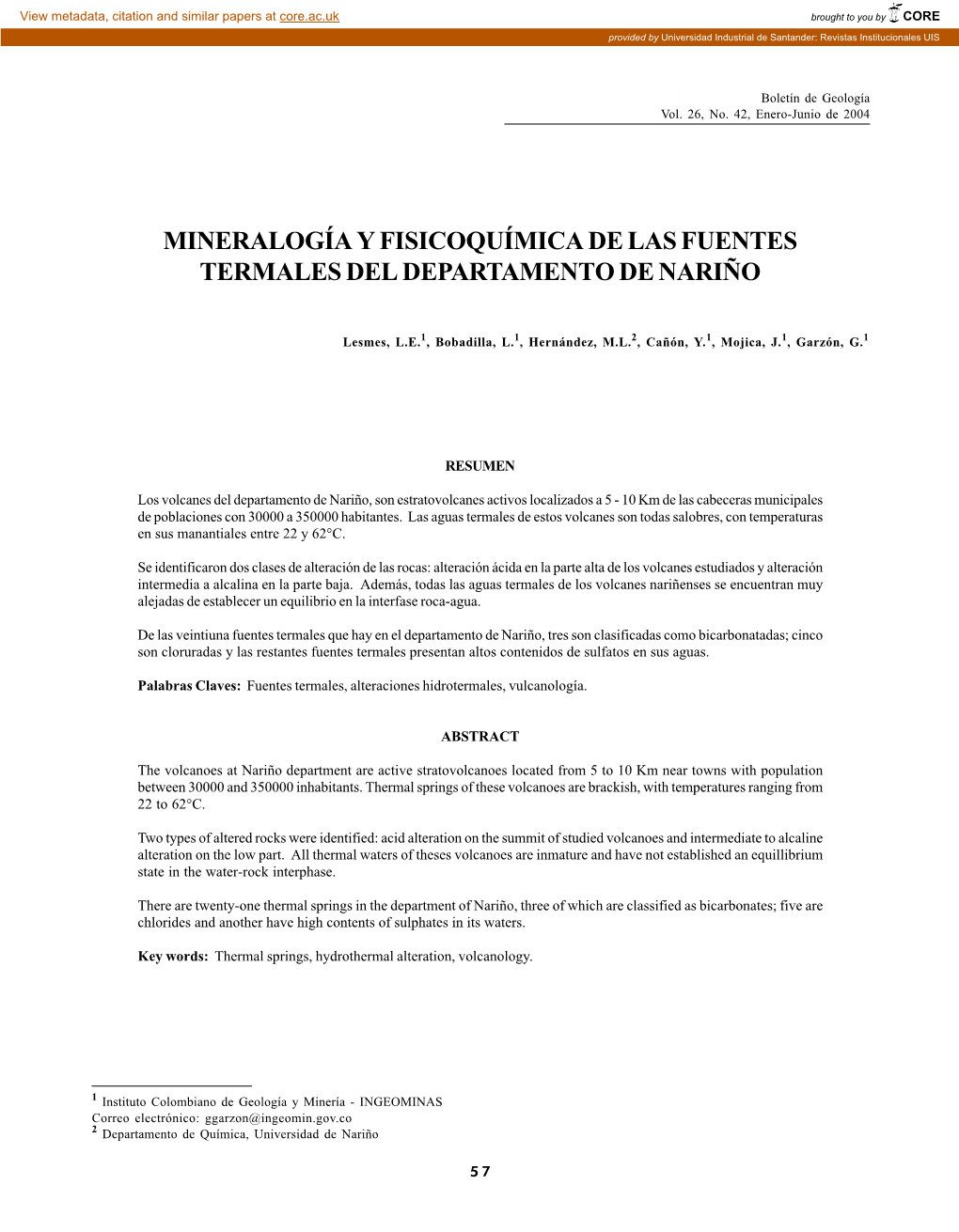 Mineralogía Y Fisicoquímica De Las Fuentes Termales Del Departamento De Nariño