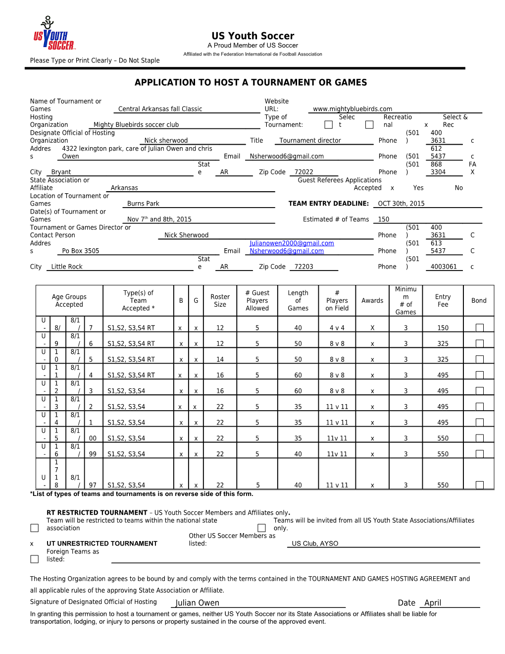 Application to Host Tournament Or Games