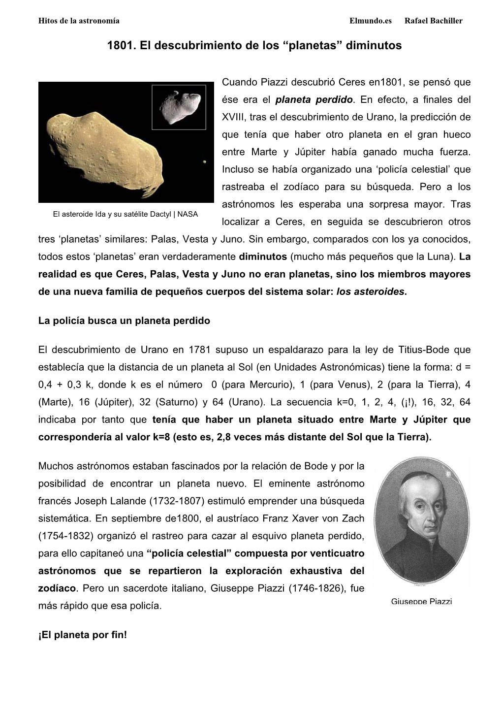 1801. El Descubrimiento De Los “Planetas” Diminutos