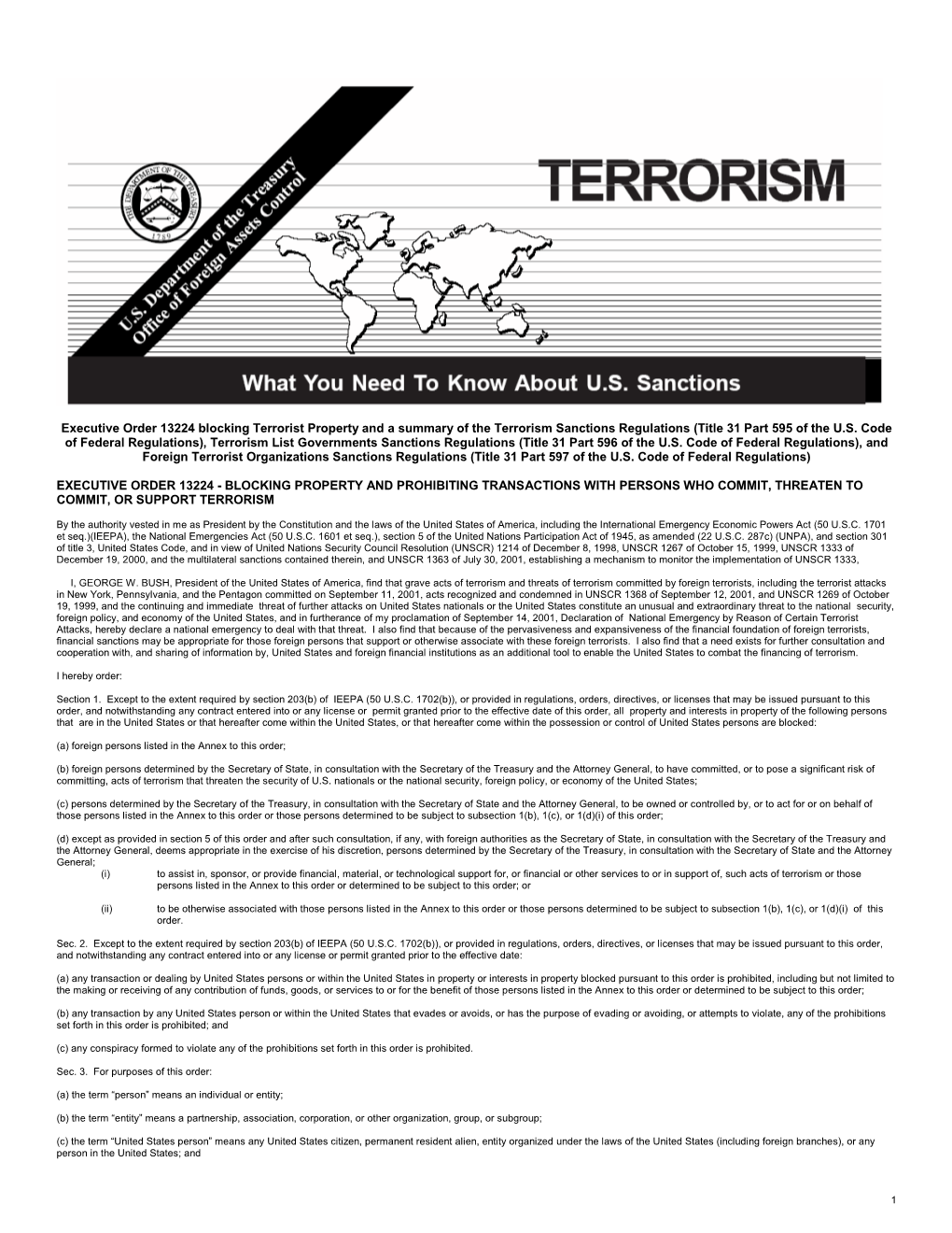 Terrorism Sanctions Regulations (Title 31 Part 595 of the U.S