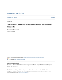 The National Law Programme at Mcgill: Origins, Establishment, Prospects