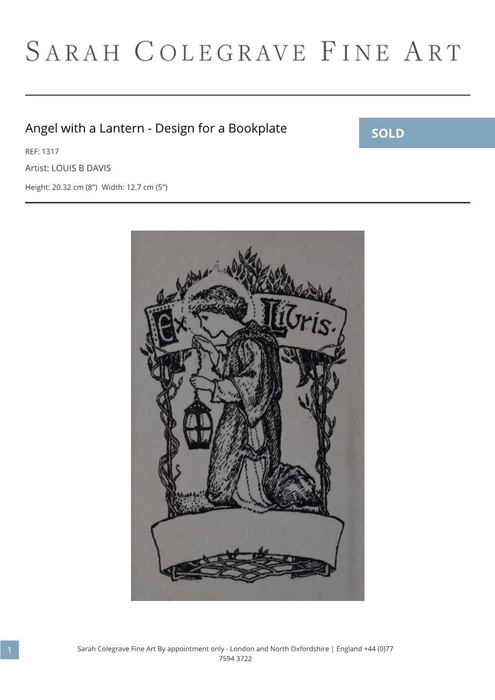 Angel with a Lantern - Design for a Bookplate SOLD REF: 1317 Artist: LOUIS B DAVIS