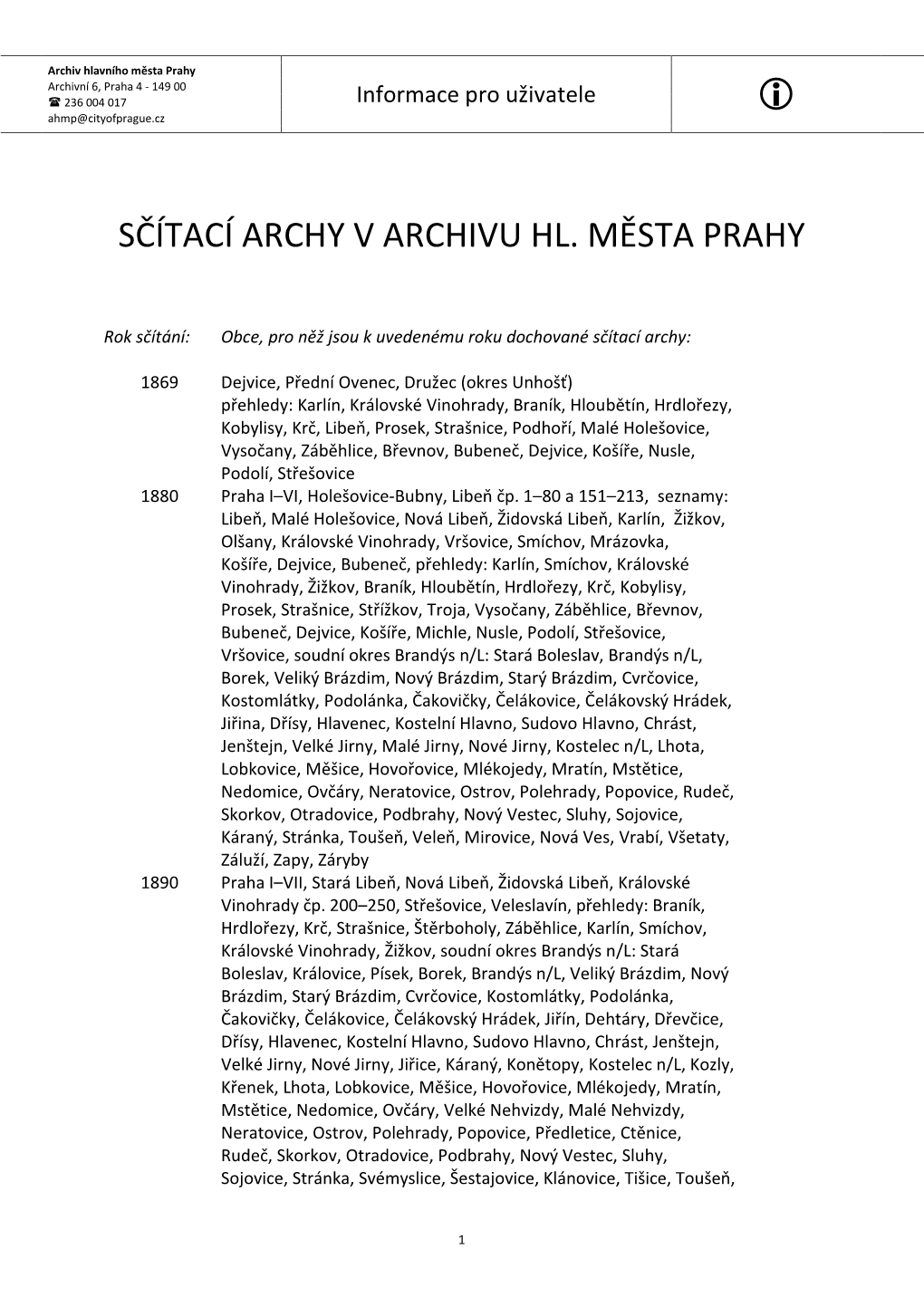 Sčítací Archy V Archivu Hl. Města Prahy