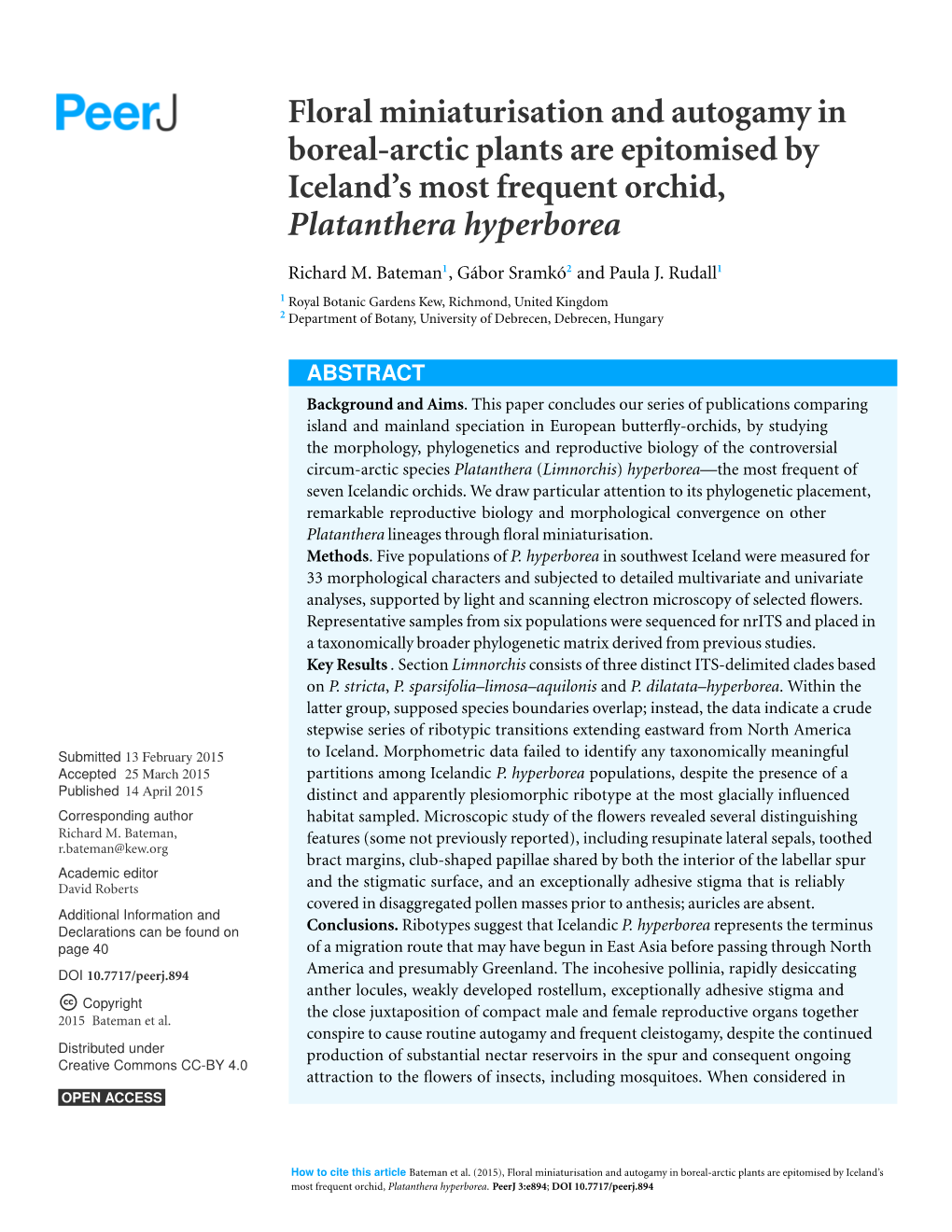 Floral Miniaturisation and Autogamy in Boreal-Arctic Plants Are Epitomised by Iceland’S Most Frequent Orchid, Platanthera Hyperborea