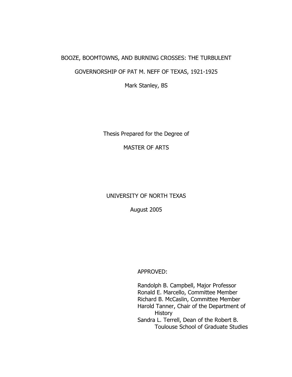 The Turbulent Governorship of Pat M. Neff of Texas, 1921-1925