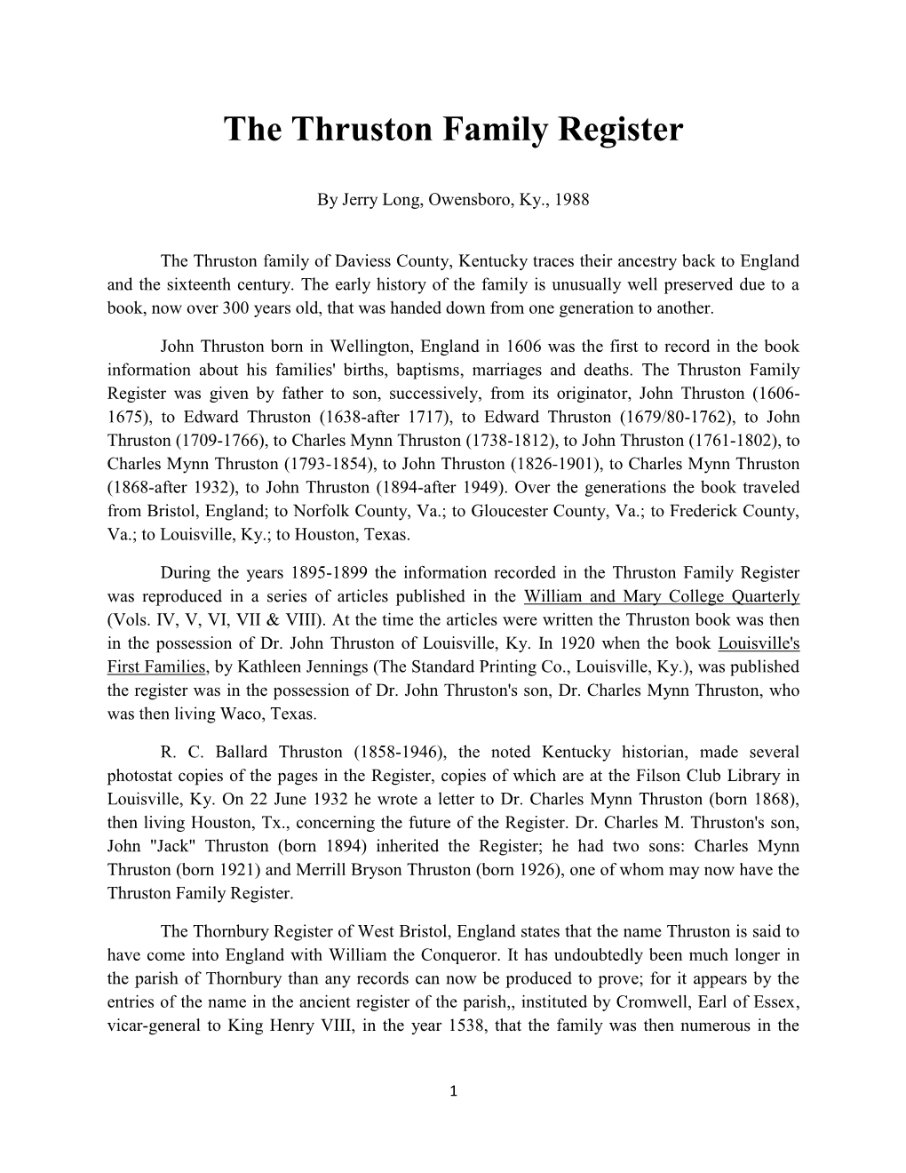 The Thruston Family Register