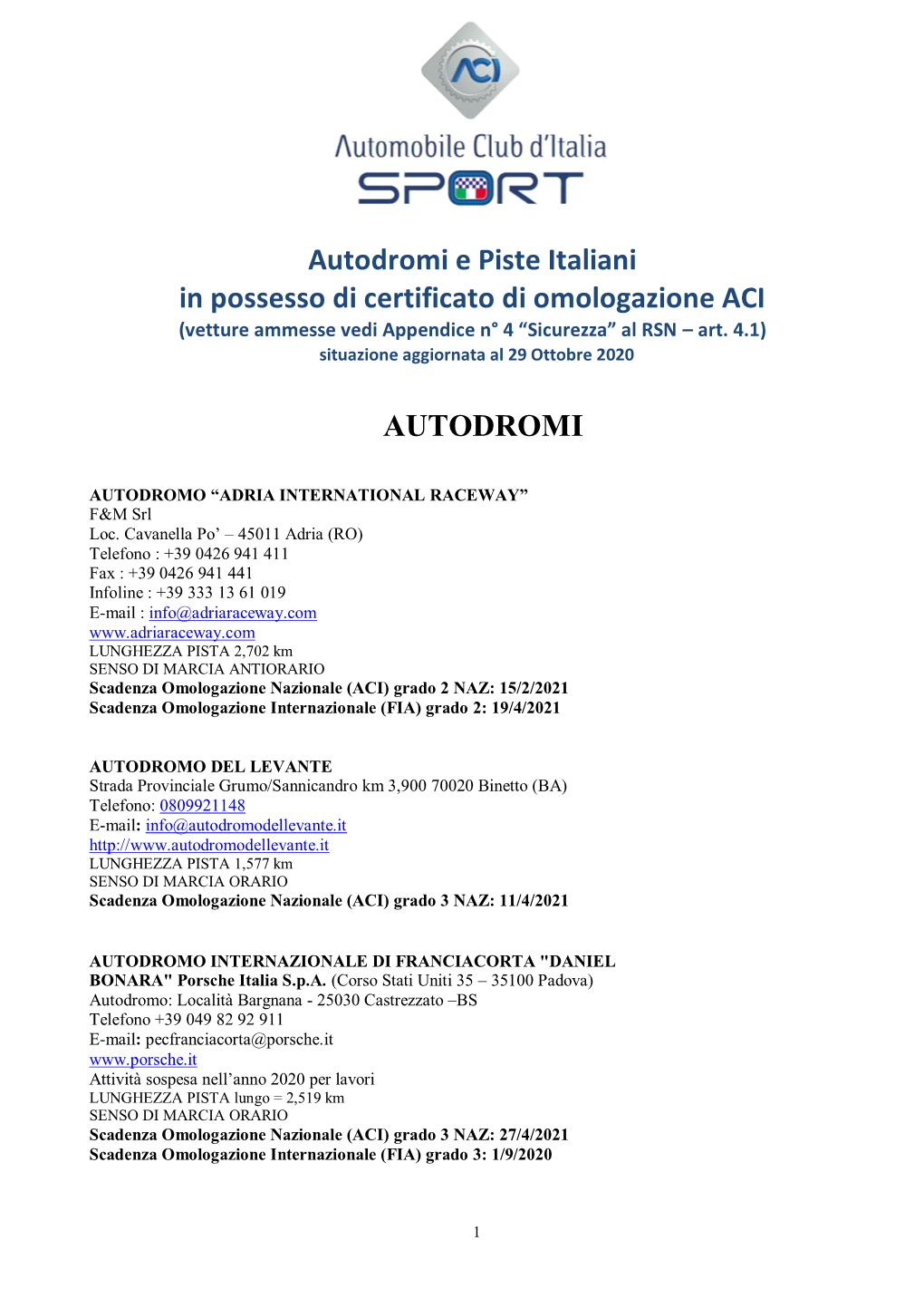 Autodromi E Piste Italiani in Possesso Di Certificato Di Omologazione ACI AUTODROMI
