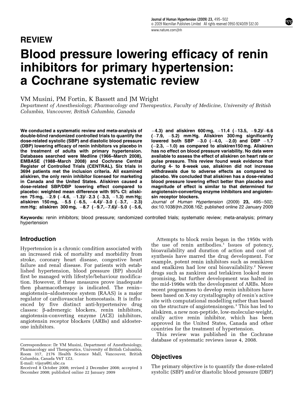 Blood Pressure Lowering Efficacy of Renin Inhibitors for Primary Hypertension: a Cochrane Systematic Review