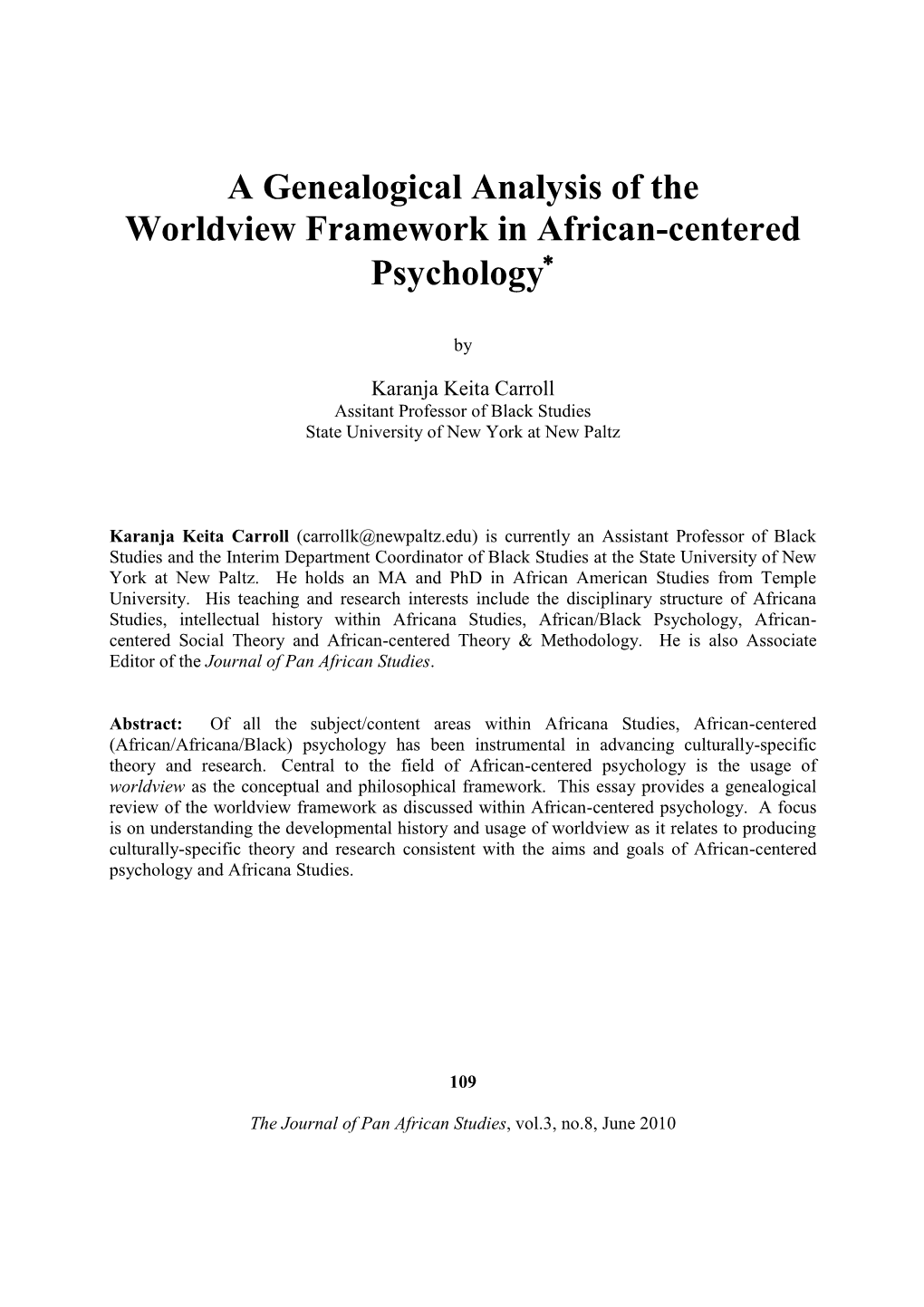 A Genealogical Analysis of the Worldview Framework in African-Centered Psychology