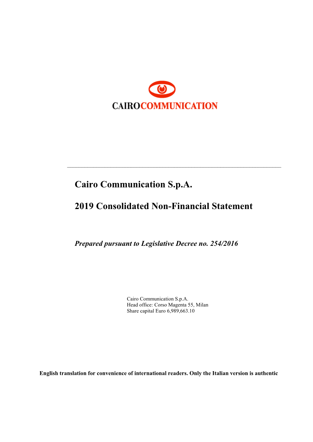 2019 Consolidated Non-Financial Statement