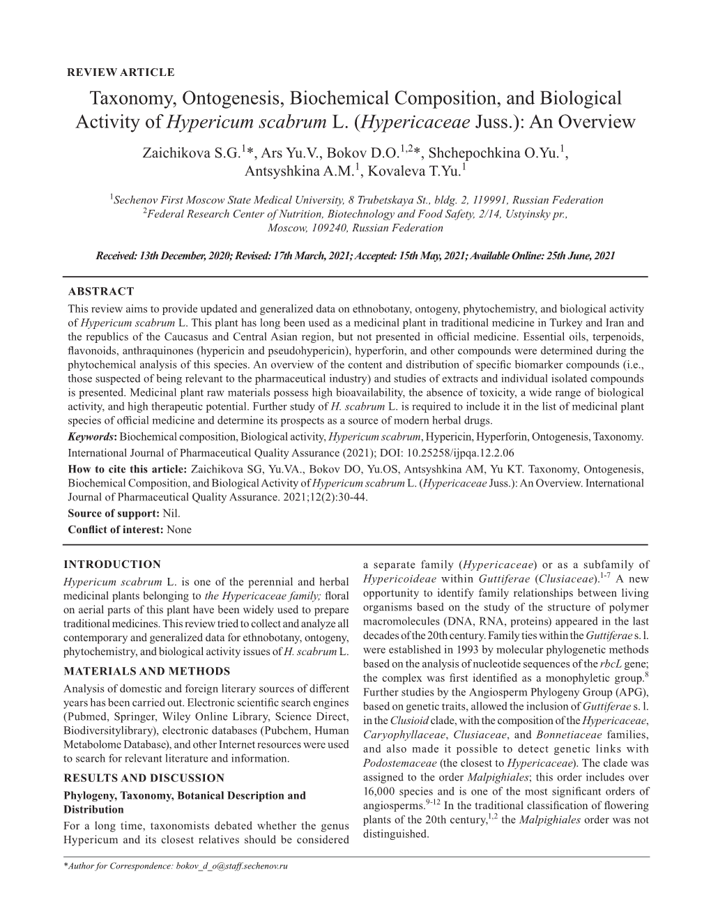 Taxonomy, Ontogenesis, Biochemical Composition, and Biological Activity of Hypericum Scabrum L