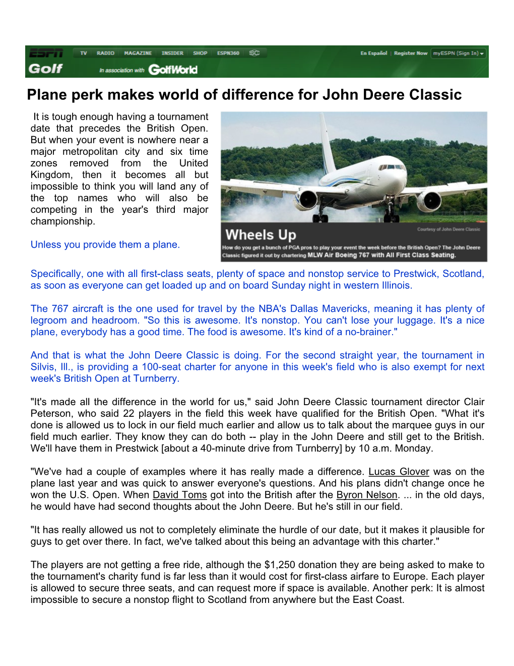 Plane Perk Makes World of Difference for John Deere Classic