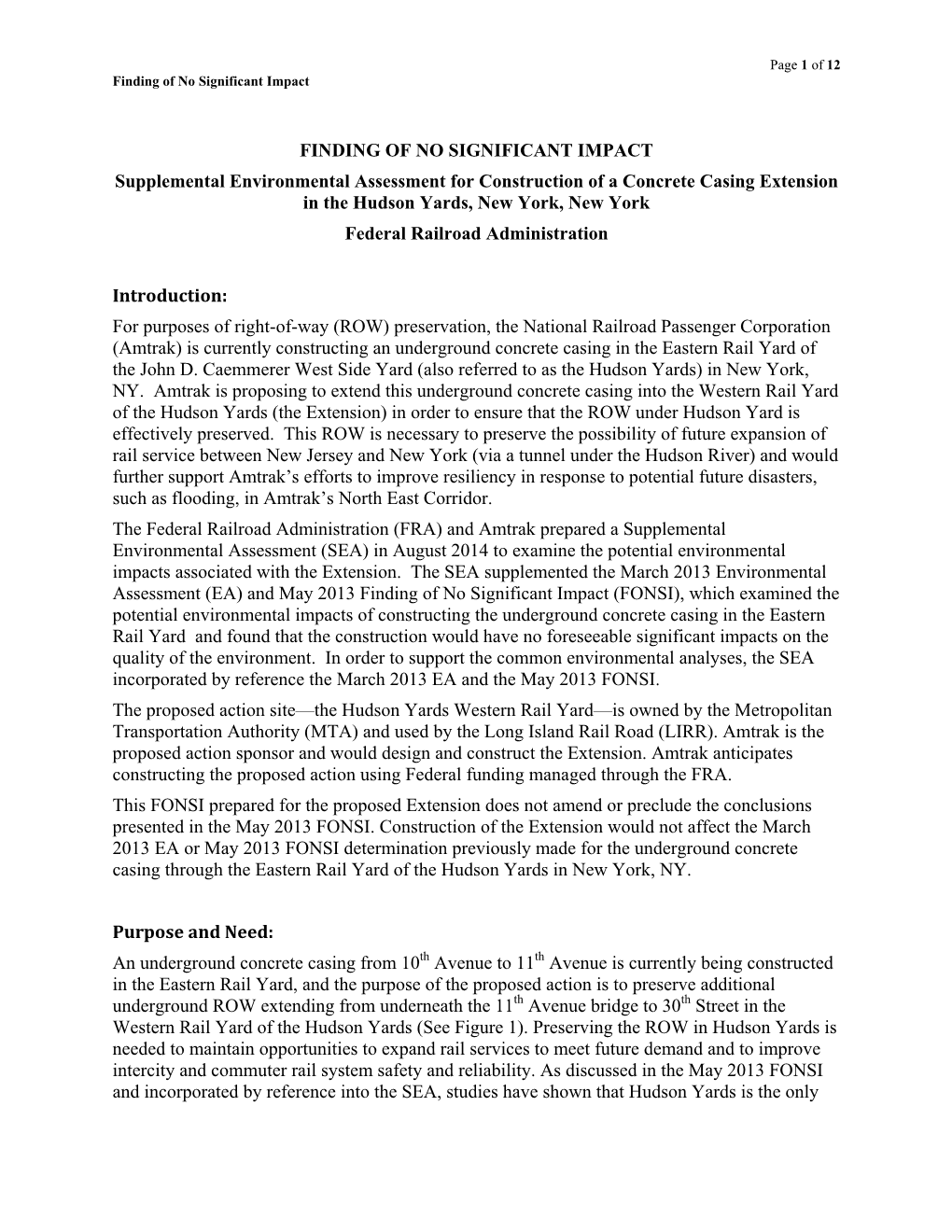 FINDING of NO SIGNIFICANT IMPACT Supplemental Environmental Assessment for Construction of a Concrete Casing Extension in the Hu