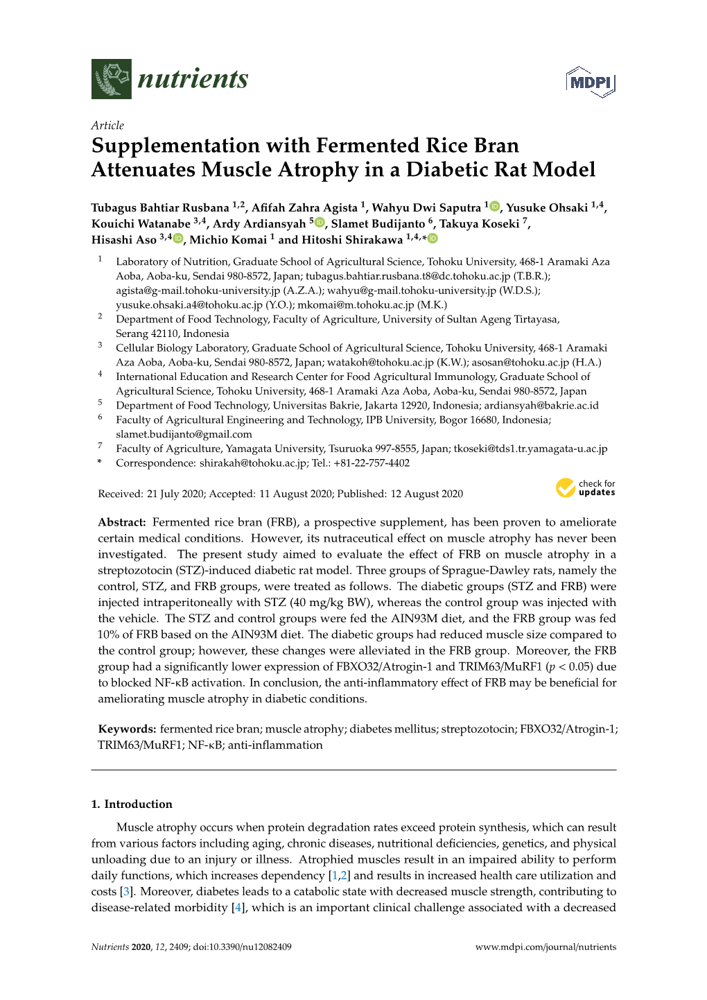 Supplementation with Fermented Rice Bran Attenuates Muscle Atrophy in a Diabetic Rat Model