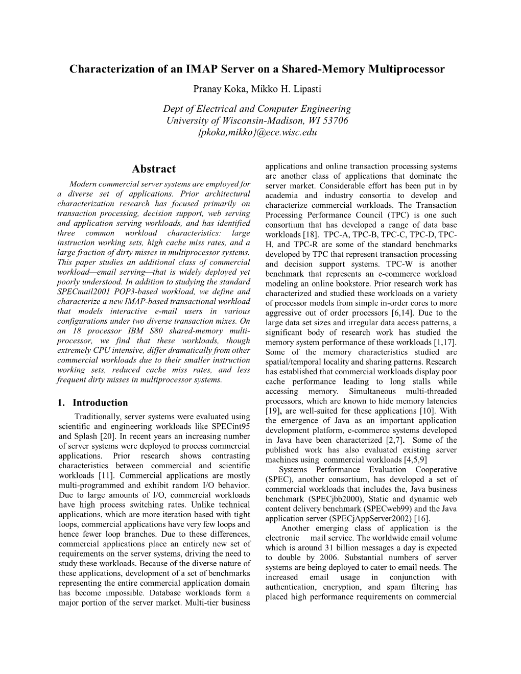 Characterization of an IMAP Server on a Shared-Memory Multiprocessor