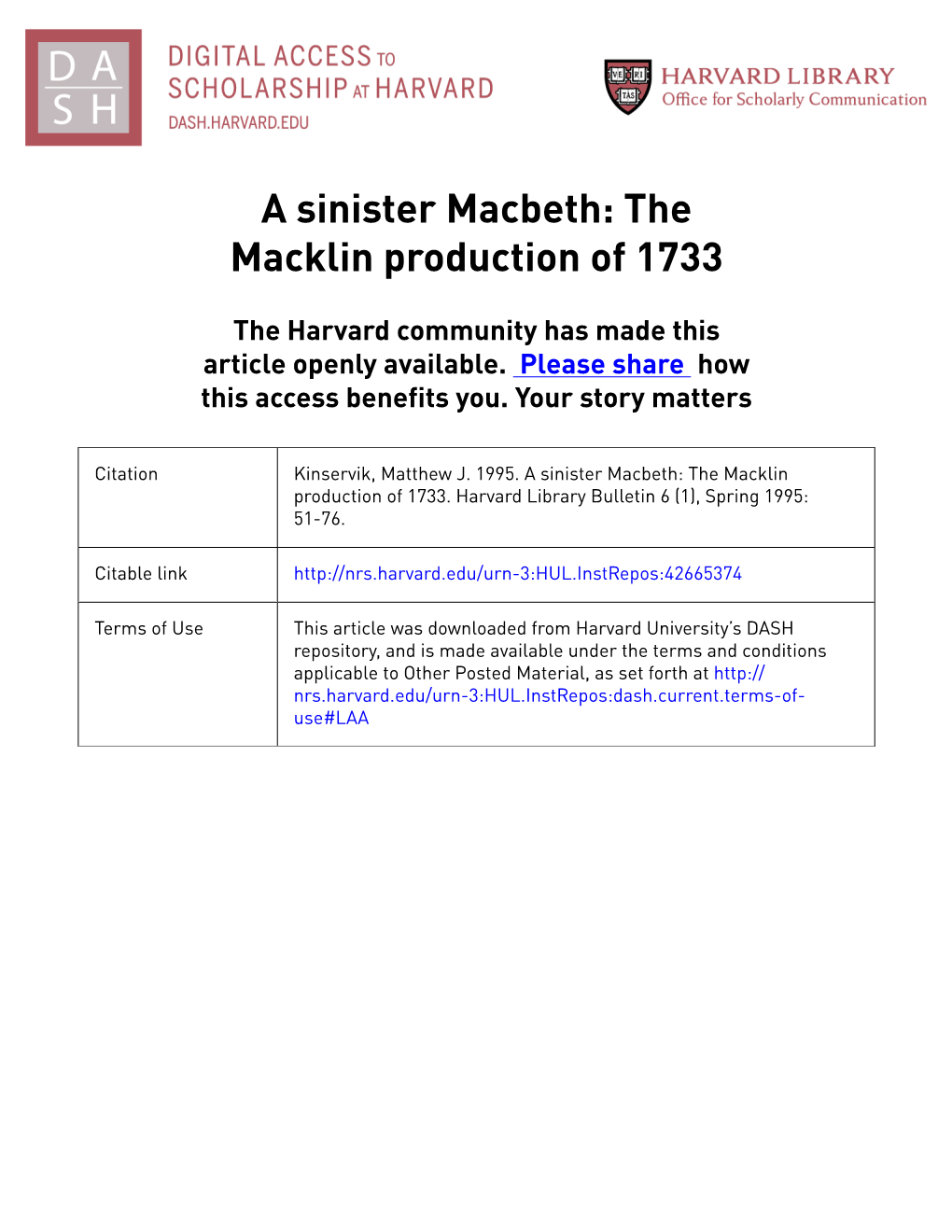 A Sinister Macbeth: the Macklin Production of 1733