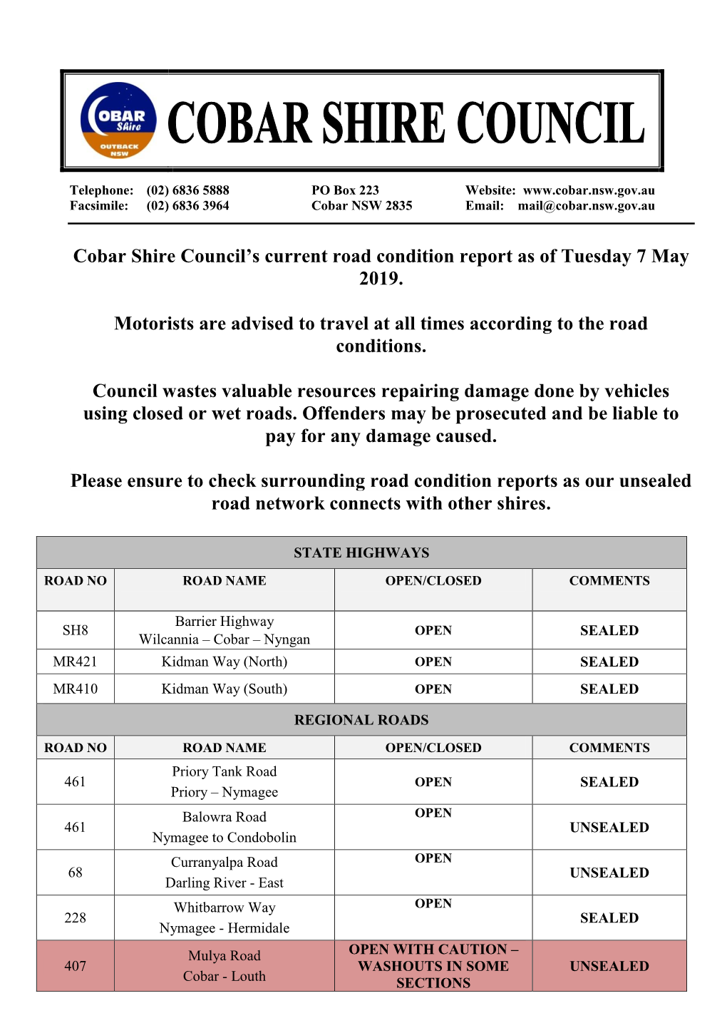 Cobar Shire Council's Current Road Condition Report As of Tuesday 7