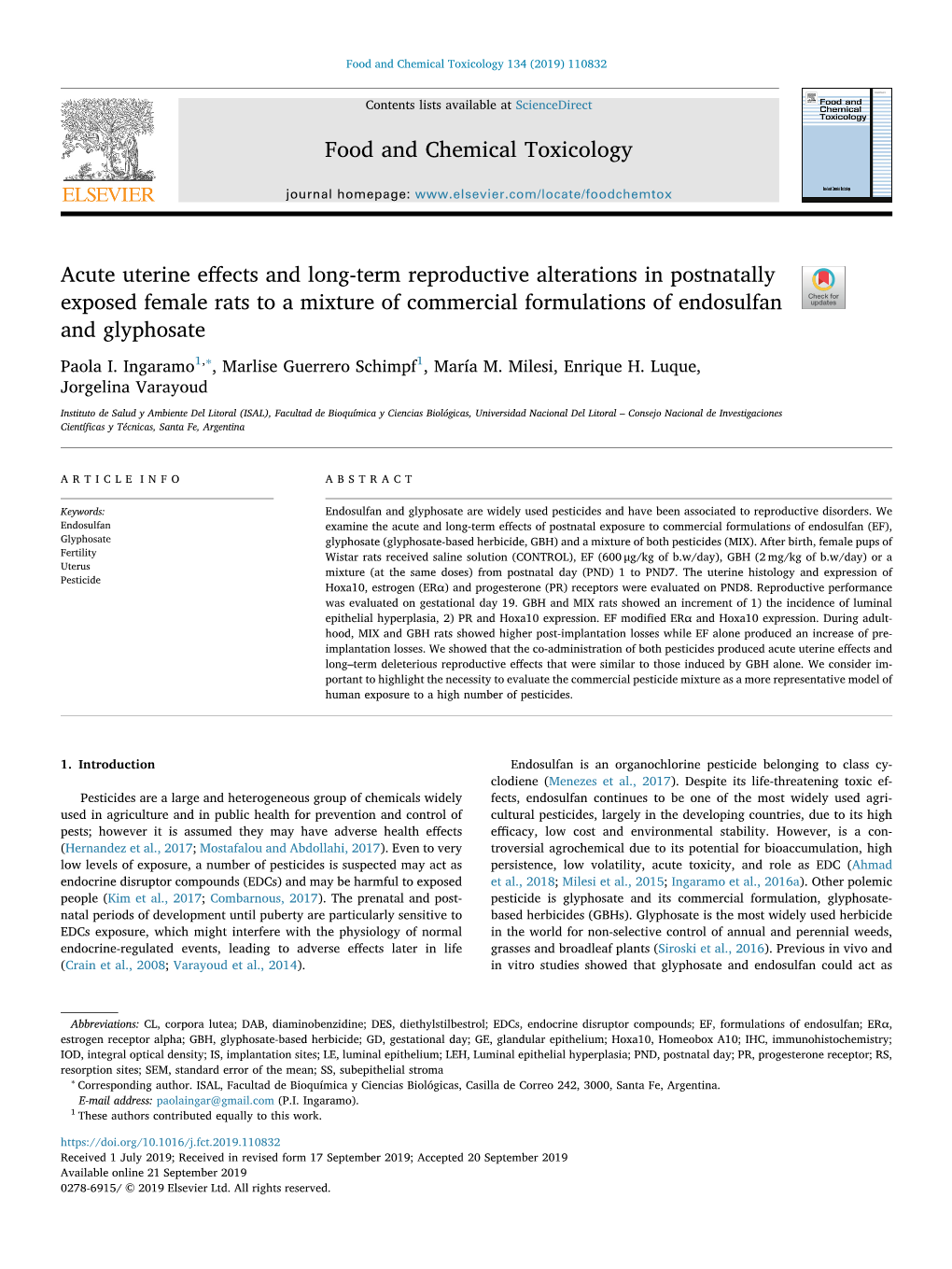 Acute Uterine Effects and Long-Term Reproductive Alterations In