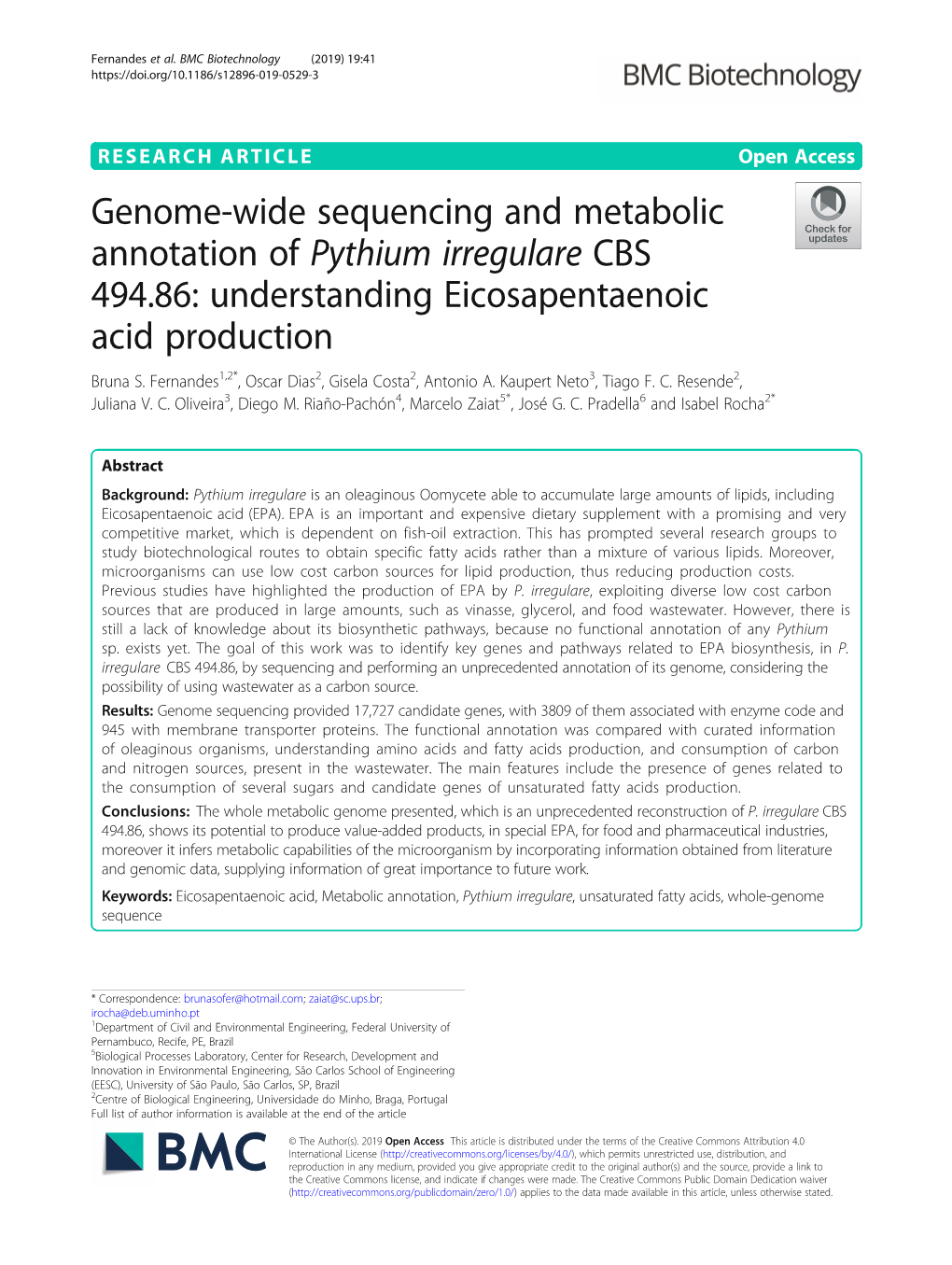 Genome-Wide Sequencing and Metabolic Annotation of Pythium Irregulare CBS 494.86: Understanding Eicosapentaenoic Acid Production Bruna S