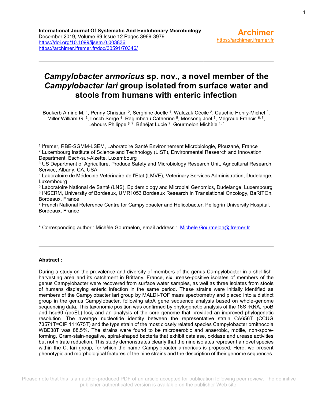 Campylobacter Armoricus Sp. Nov., a Novel Member of the Campylobacter Lari Group Isolated from Surface Water and Stools from Humans with Enteric Infection